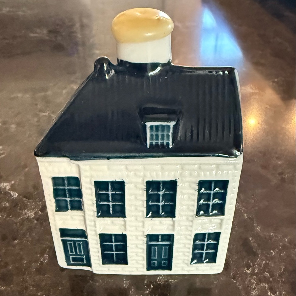 Ceramic Miniature House Figurine in White and Dark Teal